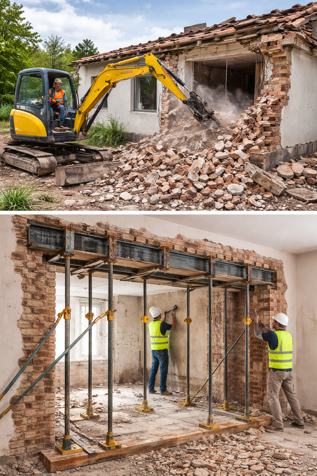Abrissarbeiten mit Mini-Bagger sowie Wanddurchbruch in einer tragenden Wand mit Stahlträger und Abfangkonstruktion bei einem Bauprojekt.