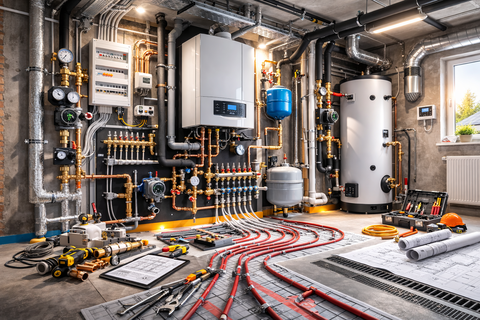 Installation von Trinkwasserleitungen im Sanitärbereich, Elektroinstallation mit Sicherungskasten und Leitungsinstallation, Installation einer Heizungsanlage im Technikraum.