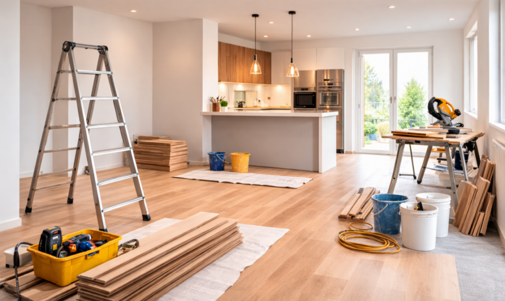 Moderner Innenausbau mit Bodenverlegung und Kücheninstallation bei einer Wohnungsmodernisierung im Raum Schleswig-Holstein, Hamburg und Niedersachsen.