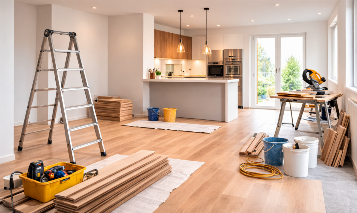 Moderner Innenausbau mit Bodenverlegung und Kücheninstallation bei einer Wohnungsmodernisierung im Raum Schleswig-Holstein, Hamburg und Niedersachsen.