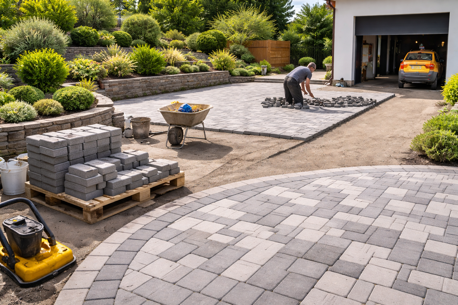 Pflasterarbeiten für Einfahrt und Außenflächen, Estricharbeiten als Bodenaufbau im Innenbereich,Estricharbeiten als Bodenaufbau im Innenbereich