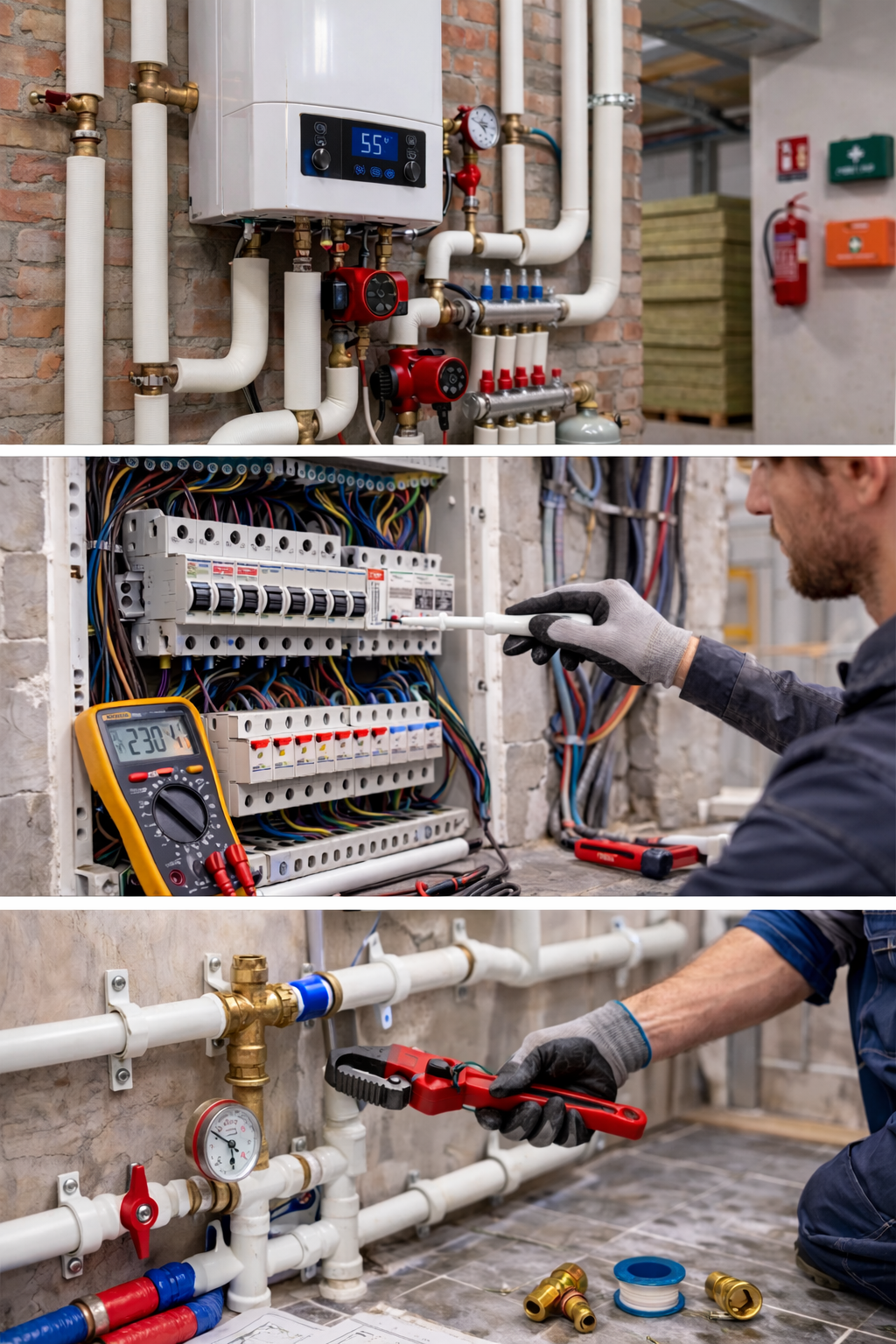 Installation von Trinkwasserleitungen im Sanitärbereich-Elektroinstallation mit Sicherungskasten und Leitungsinstallation-Installation einer Heizungsanlage im Technikraum