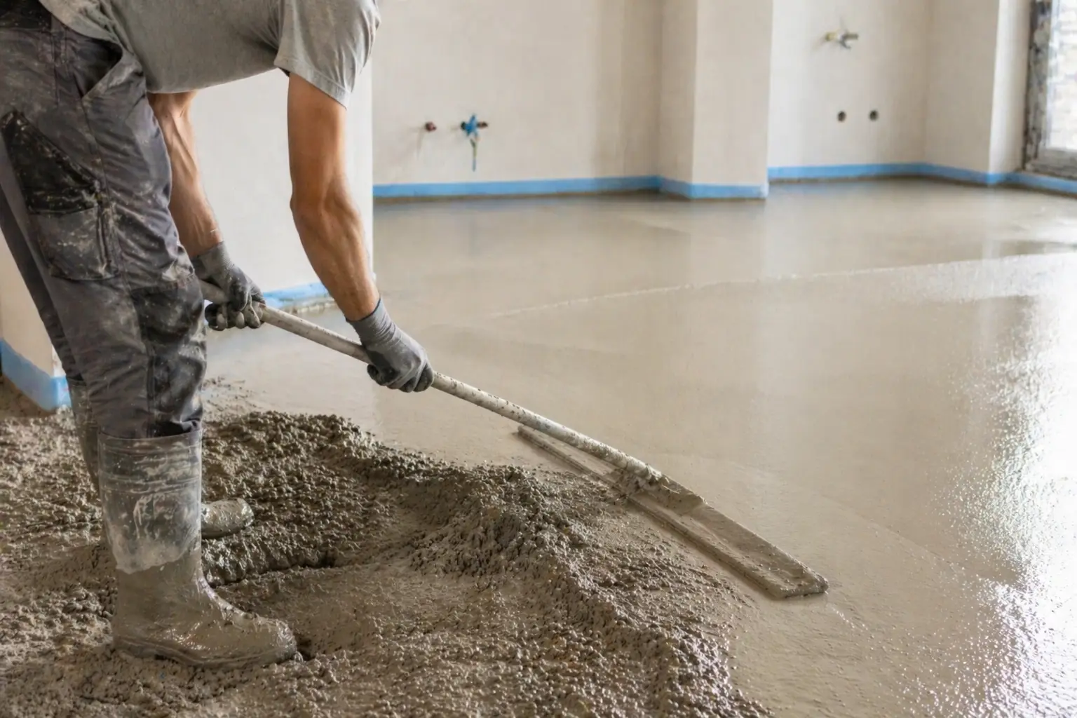 Frisch verlegter Estrich mit Randdämmstreifen und Dehnungsfugen im Neubau in Hamburg