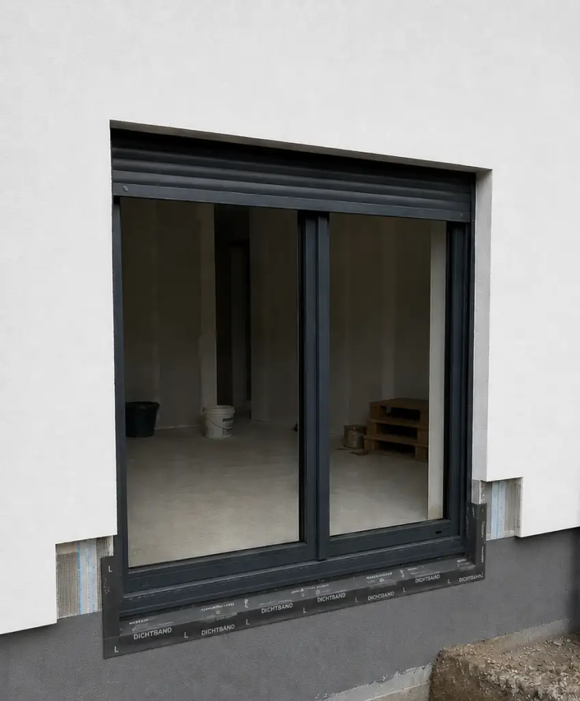 Frische Abdichtung am bodentiefen Fenster mit freigelegter WDVS-Fassade und Dichband am Fensterrahmen im Sockelbereich